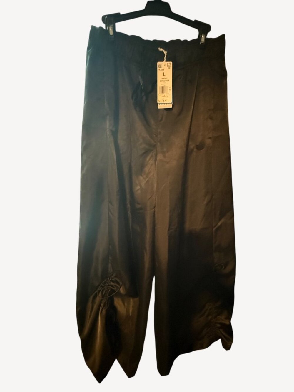ADIDAS Womens L BLACK Satin Wide Leg Cargo Pants Ruched Front Utility Streetwear - Picture 3 of 10